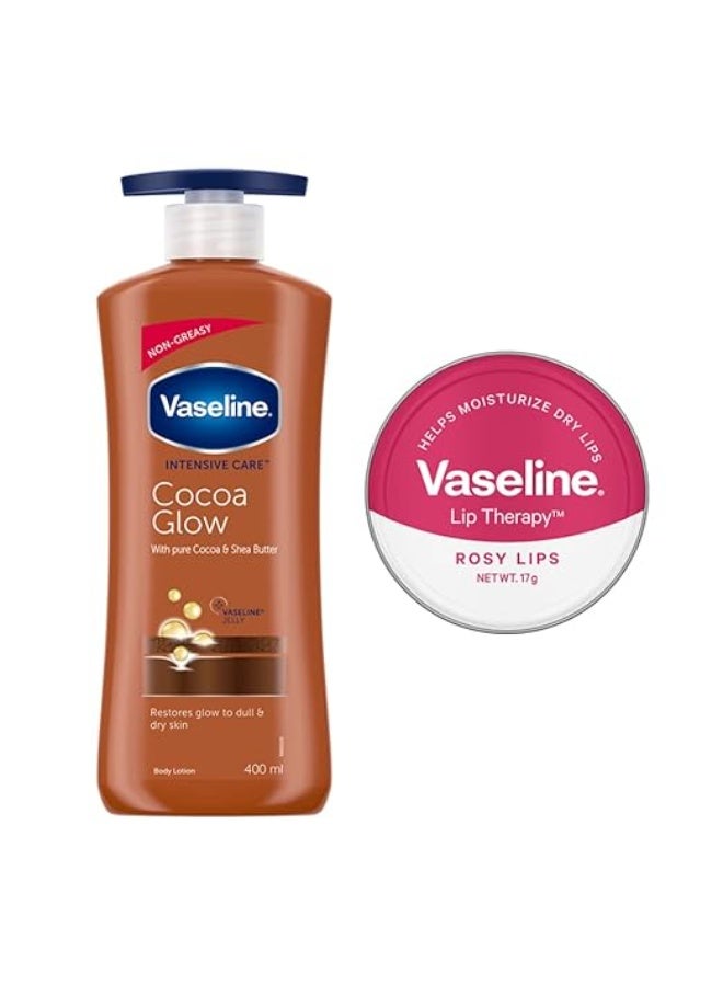 فازلين لوشن فازلين كوكو جلو، 400 مل مع علبة فازلين روزي ليب، 17 غرام، لبشرة متألقة ولون وردي شفاف. - Image 1